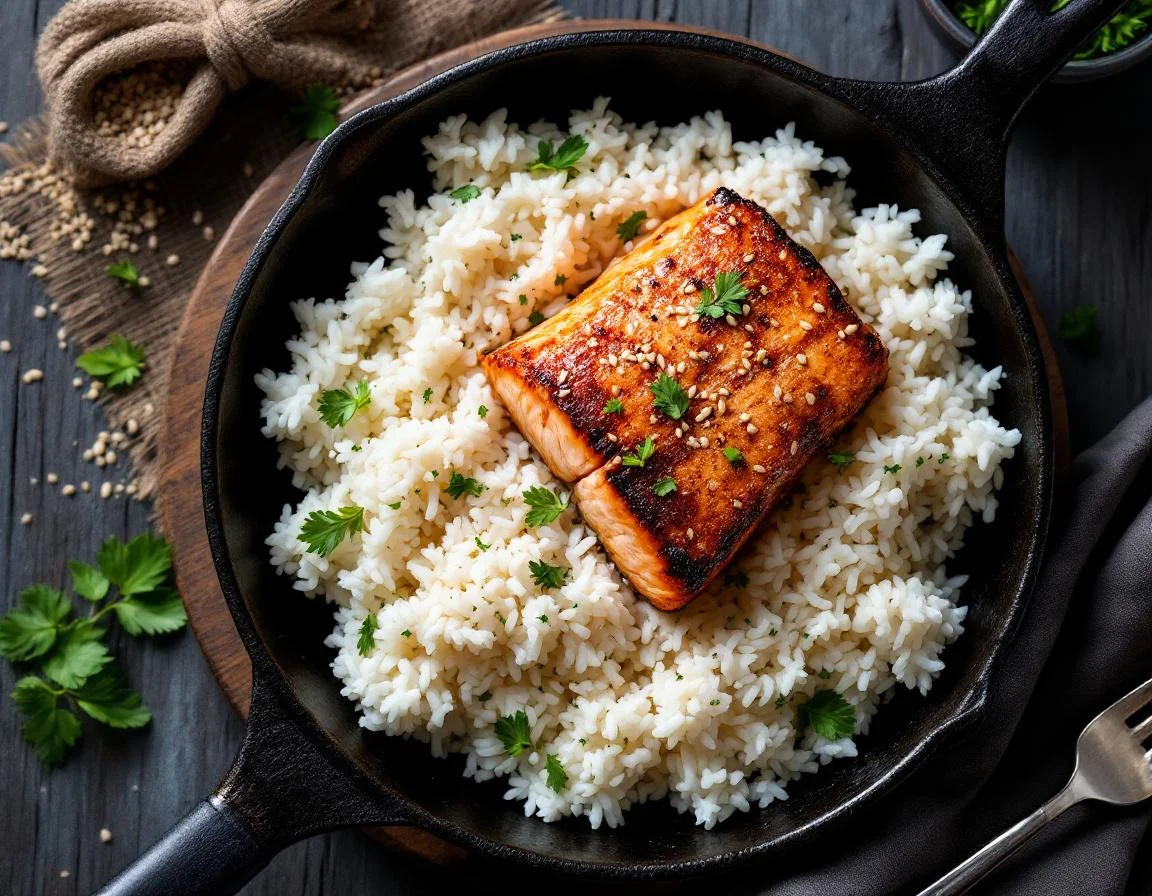 Cast Iron Salmon Fillet with White Rice